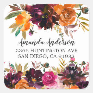 Autumn Burgundy & Orange Floral Return Address Square Sticker
