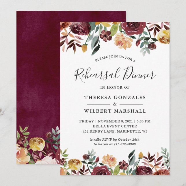 Autumn Burgundy Peach Gold Floral Rehearsal Dinner Invitation (Front/Back)
