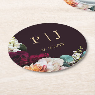 Autumn Burgundy Pink Floral Gold Monogram Wedding Round Paper Coaster