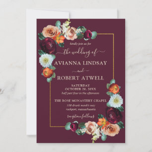 Autumn Burgundy Red Orange Blush Floral Wedding In Invitation