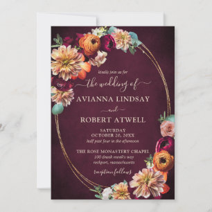 Autumn Burgundy Red Orange Blush Floral Wedding Invitation