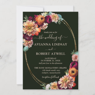 Autumn Burgundy Red Orange Blush Floral Wedding Invitation