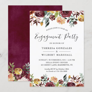 Autumn Burgundy Red Orange Floral Engagement Party Invitation