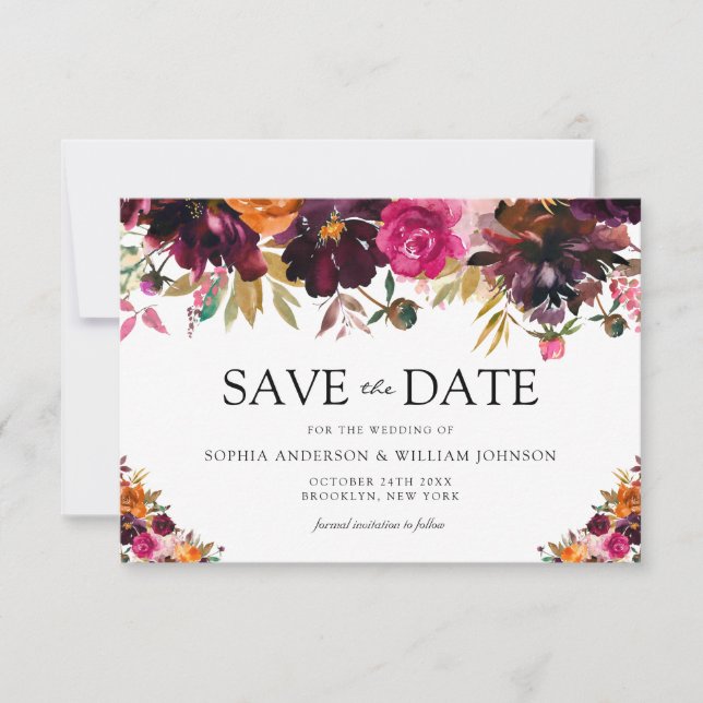 Autumn Burgundy Watercolor Flowers Fall Wedding Save The Date (Front)