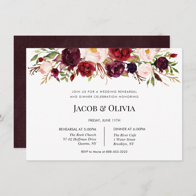 Autumn Burgundy Wedding Rehearsal Dinner invite (Front/Back)