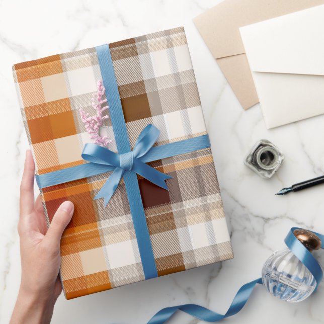 Autumn Burnt Orange Brown Cream Plaid Pattern Wrapping Paper (Gifting)