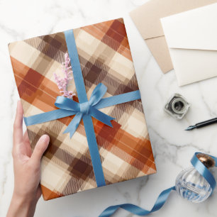 Autumn Burnt Orange Brown Cream Plaid Pattern Wrapping Paper