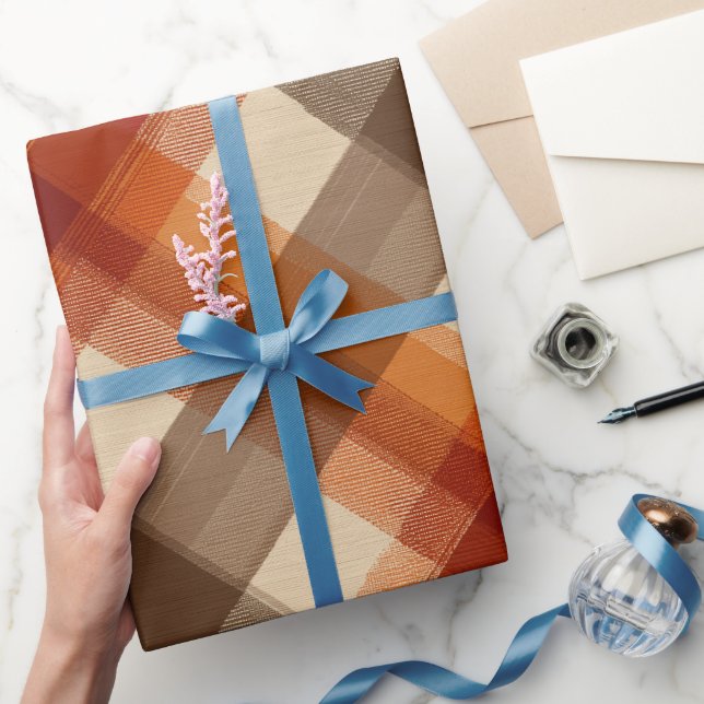 Autumn Burnt Orange Brown Cream Plaid Pattern Wrapping Paper (Gifting)