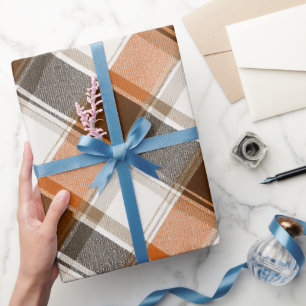 Autumn Burnt Orange Brown Cream Plaid Pattern Wrapping Paper