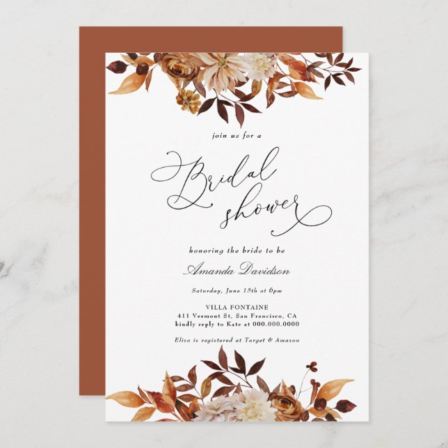Autumn Burnt Orange Floral Boho Bridal Shower Invitation (Front/Back)