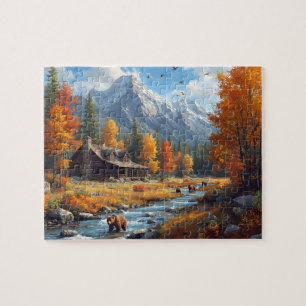 Autumn Cabin Bears River Mountain Landscape Jigsaw Puzzle