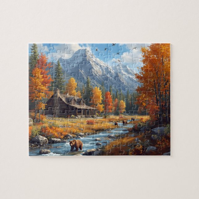 Autumn Cabin Bears River Mountain Landscape Jigsaw Puzzle (Horizontal)