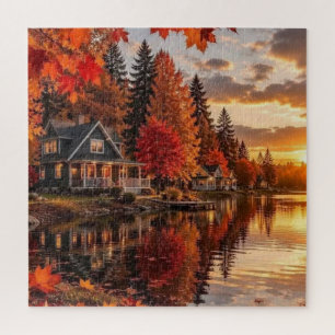Autumn Cabin by Golden Lake Fall Foliage Scene Art Jigsaw Puzzle