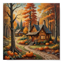 Autumn Cabin Surrounded by Pumpkins