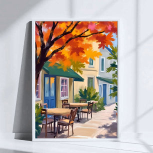 Autumn Cafe Watercolor Fall Foliage Art Poster
