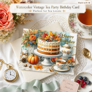 Autumn Cake and Teacup Happy Birthday Postcard