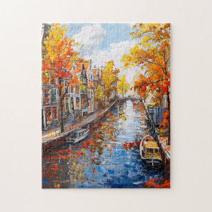 Autumn Canal with Boats and Colourful Houses Paint Jigsaw Puzzle