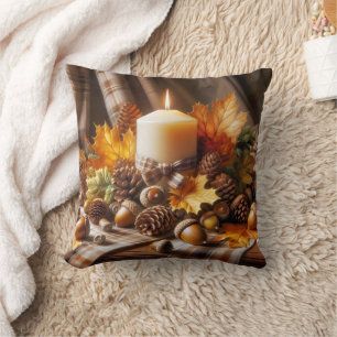 Autumn Candle With Acorns and Ribbon Cushion
