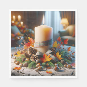 Autumn Candle With Acorns and Ribbon Napkin