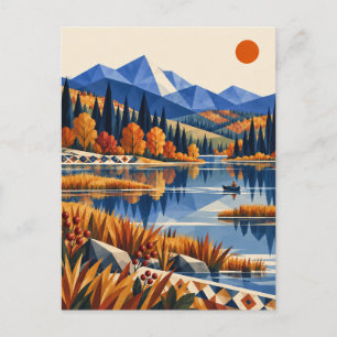 Autumn Canoe Mountain Lake Folk Art Postcard