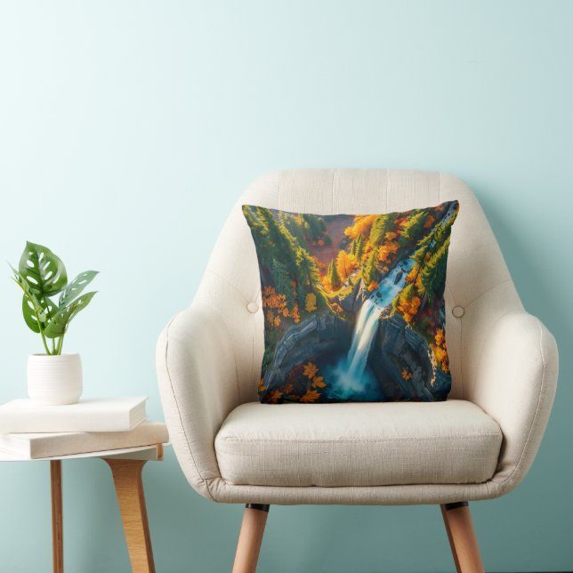 Autumn Canyon Waterfall – Vibrant Fall Forest Land Cushion (Chair)