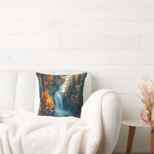 Autumn Canyon Waterfall – Vibrant Fall Forest Land Cushion
