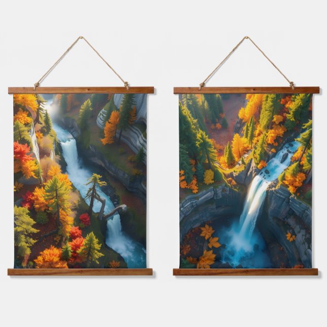 Autumn Canyon Waterfall – Vibrant Fall Forest Land Hanging Tapestry (Double)