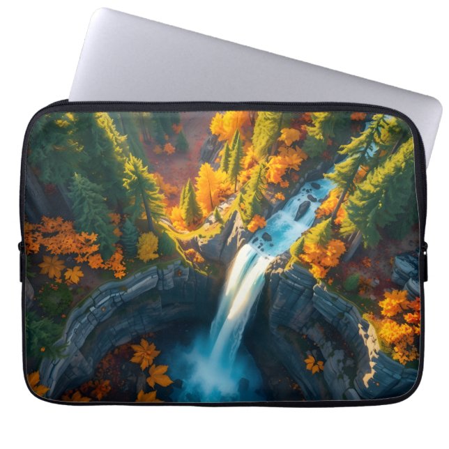 Autumn Canyon Waterfall – Vibrant Fall Forest Land Laptop Sleeve (Front)