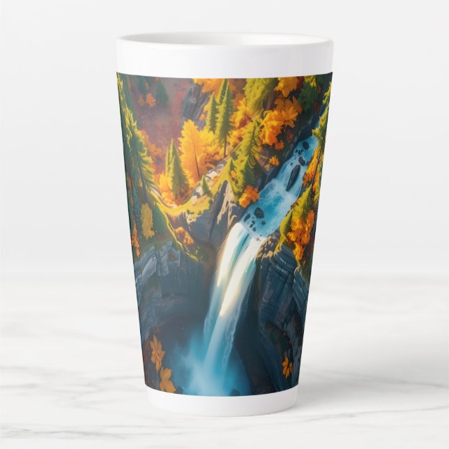 Autumn Canyon Waterfall – Vibrant Fall Forest Land Latte Mug (Front)