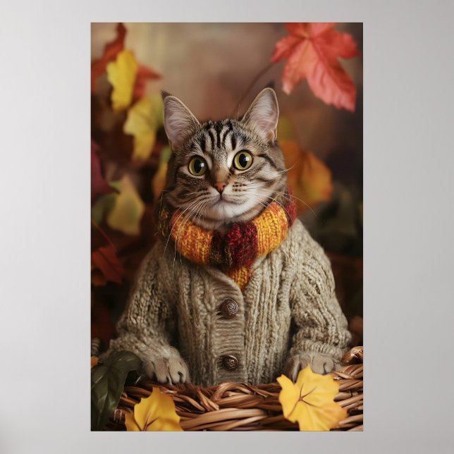 Autumn Cat Art Print, Cosy Fall Poster (Front)
