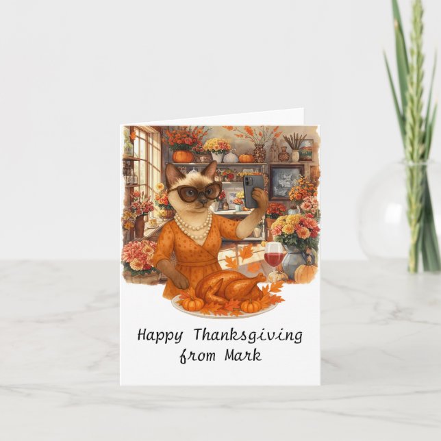 Autumn Cat  florist is taking photo of turkey  Card (Front)