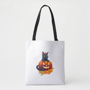 Autumn Cat, Pumpkin, Halloween Graphic Design Tote Bag