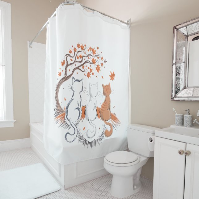 "Autumn Cat Trio Shower Curtain – Cosy" (In Situ)