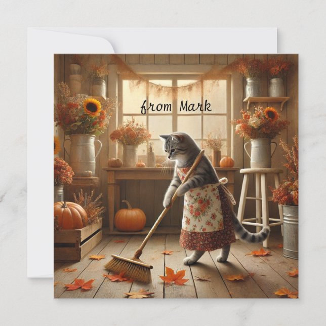 Autumn Cat with Flowers – Fall Season Greeting Holiday Card (Front)