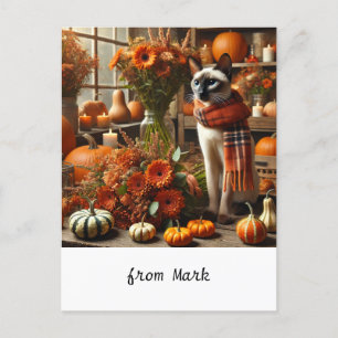 Autumn Cat with Flowers – Fall Season Greeting Holiday Postcard