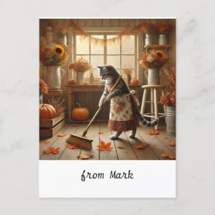 Autumn Cat with Flowers – Fall Season Greeting Holiday Postcard