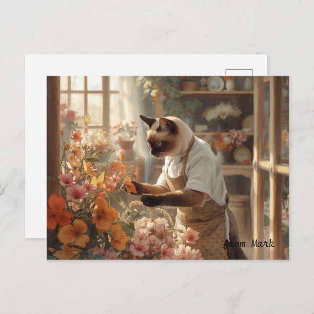 Autumn Cat with Flowers – Fall Season Greeting Postcard (Front/Back)