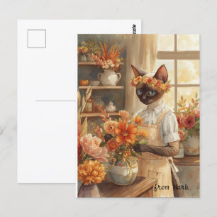 Autumn Cat with Flowers – Fall Season Greeting Postcard