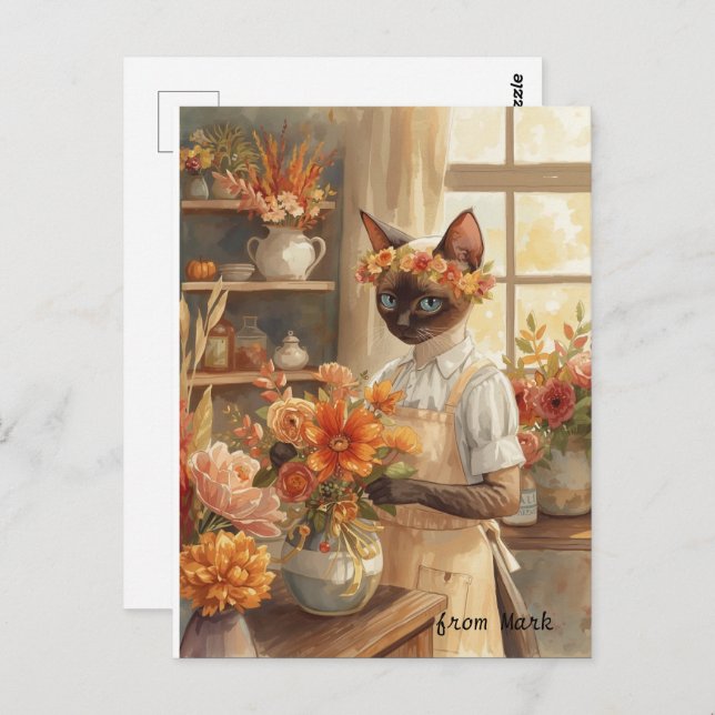 Autumn Cat with Flowers – Fall Season Greeting Postcard (Front/Back)