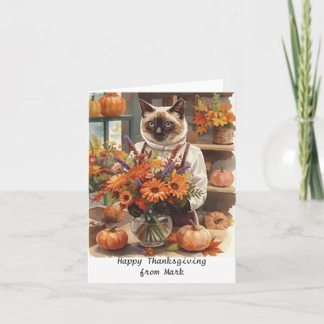 Autumn Cat with Flowers Fall Season Thanksgiving  Card (Front)