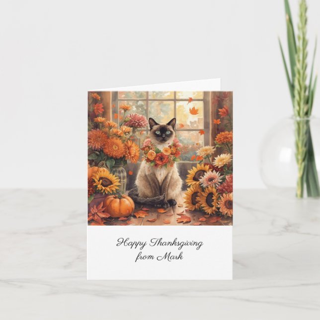 Autumn Cat with Flowers Fall Season Thanksgiving  Card (Front)