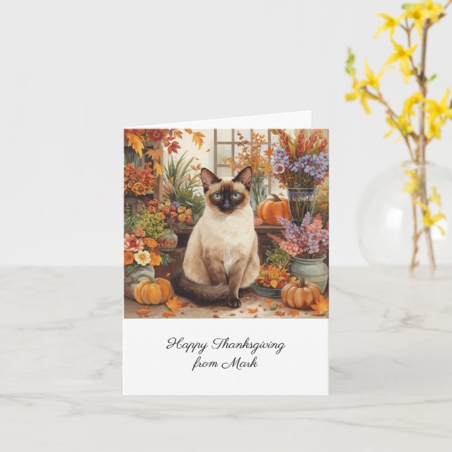 Autumn Cat with Flowers Fall Season Thanksgiving  Card (Yellow Flower)