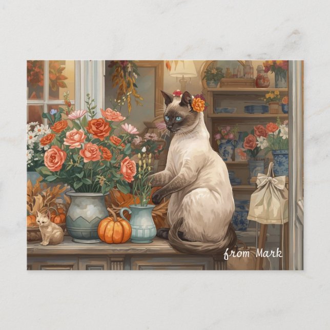 Autumn Cat with Flowers – Fall Thanksgiving Holiday Postcard (Front)