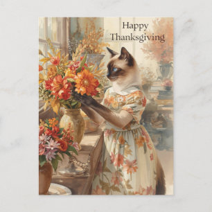 Autumn Cat with Flowers – Fall Thanksgiving Holiday Postcard