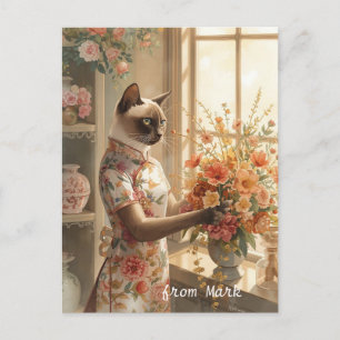 Autumn Cat with Flowers – Fall Thanksgiving Holiday Postcard