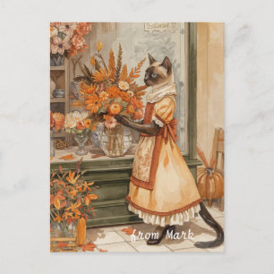 Autumn Cat with Flowers – Fall Thanksgiving Holiday Postcard