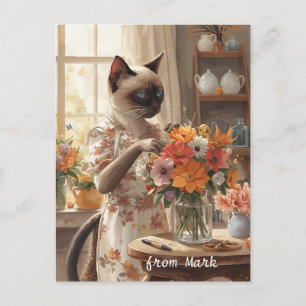Autumn Cat with Flowers – Fall Thanksgiving Holiday Postcard
