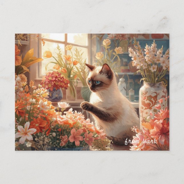 Autumn Cat with Flowers – Fall Thanksgiving Holiday Postcard (Front)