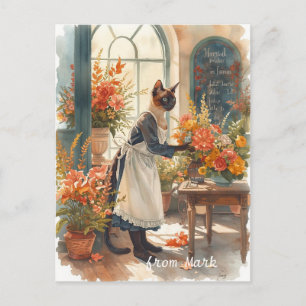 Autumn Cat with Flowers – Fall Thanksgiving Holiday Postcard