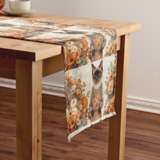 Autumn Cat with flowers for Thanksgiving  Short Table Runner (In Situ)